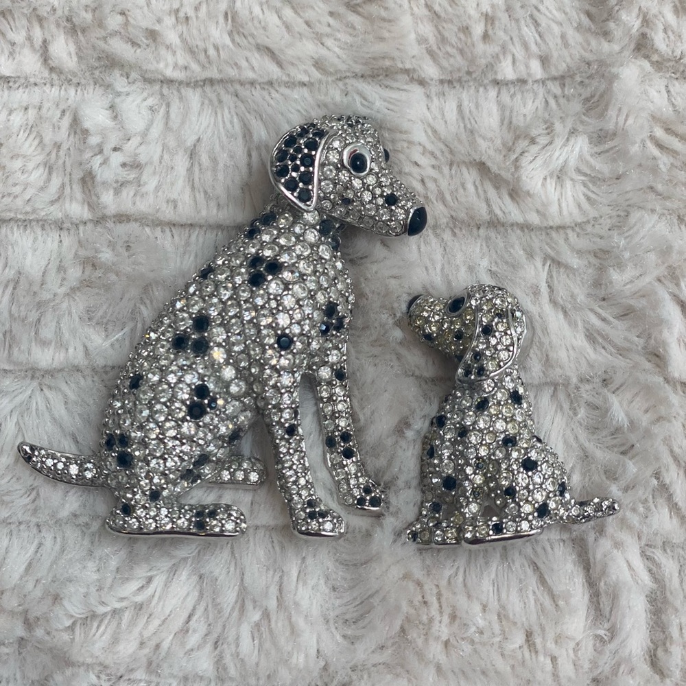 Swarovski Dalmatian Adult & Puppy Brooch Set